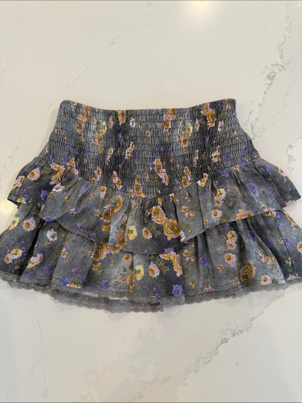 Zara Gray Floral Tiered Skort with Yellow and Purple Blooms